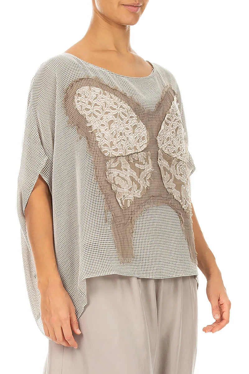 Loose Butterfly Beige Mesh Silk Blouse