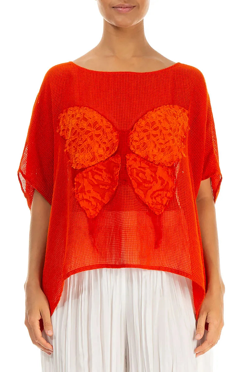 Loose Butterfly Flame Orange Mesh Silk Blouse 1