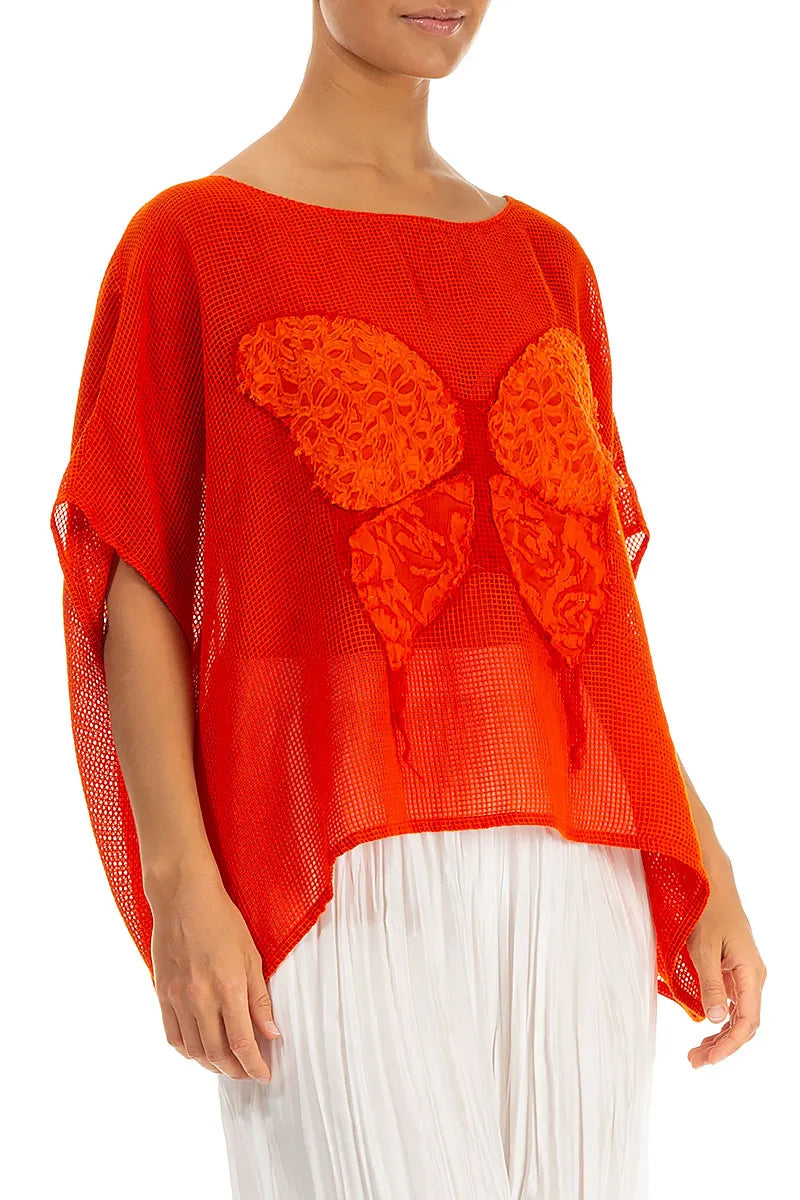 Loose Butterfly Flame Orange Mesh Silk Blouse 3