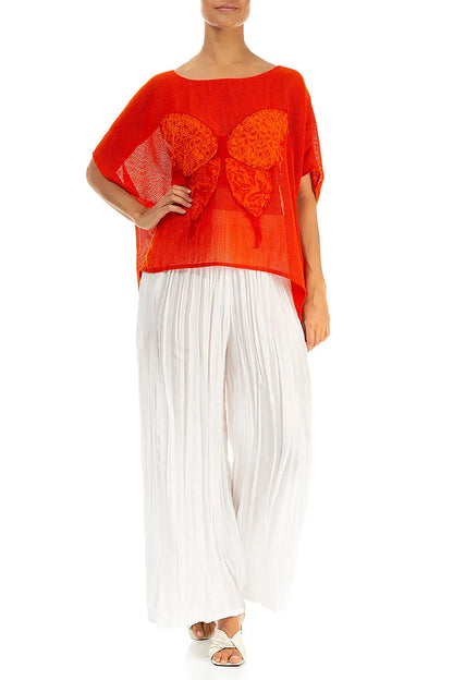 Loose Butterfly Flame Orange Mesh Silk Blouse 4