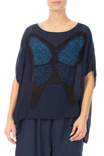 Loose Butterfly Navy Mesh Silk Blouse