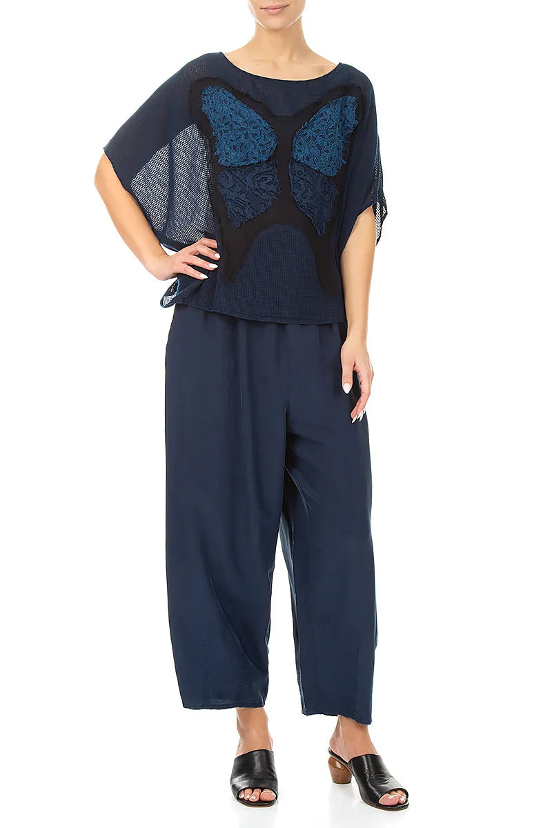 Loose Butterfly Navy Mesh Silk Blouse