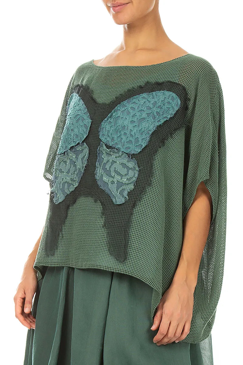 Loose Butterfly Sage Mesh Silk Blouse 3