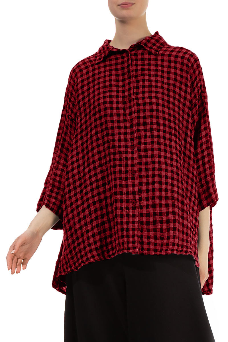 Loose Red Check Linen Shirt 3