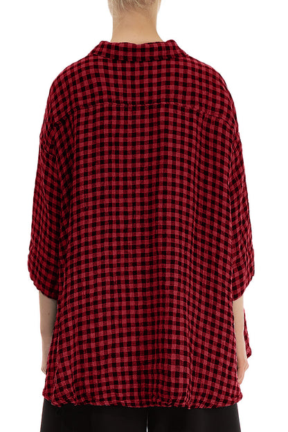 Loose Red Check Linen Shirt 2