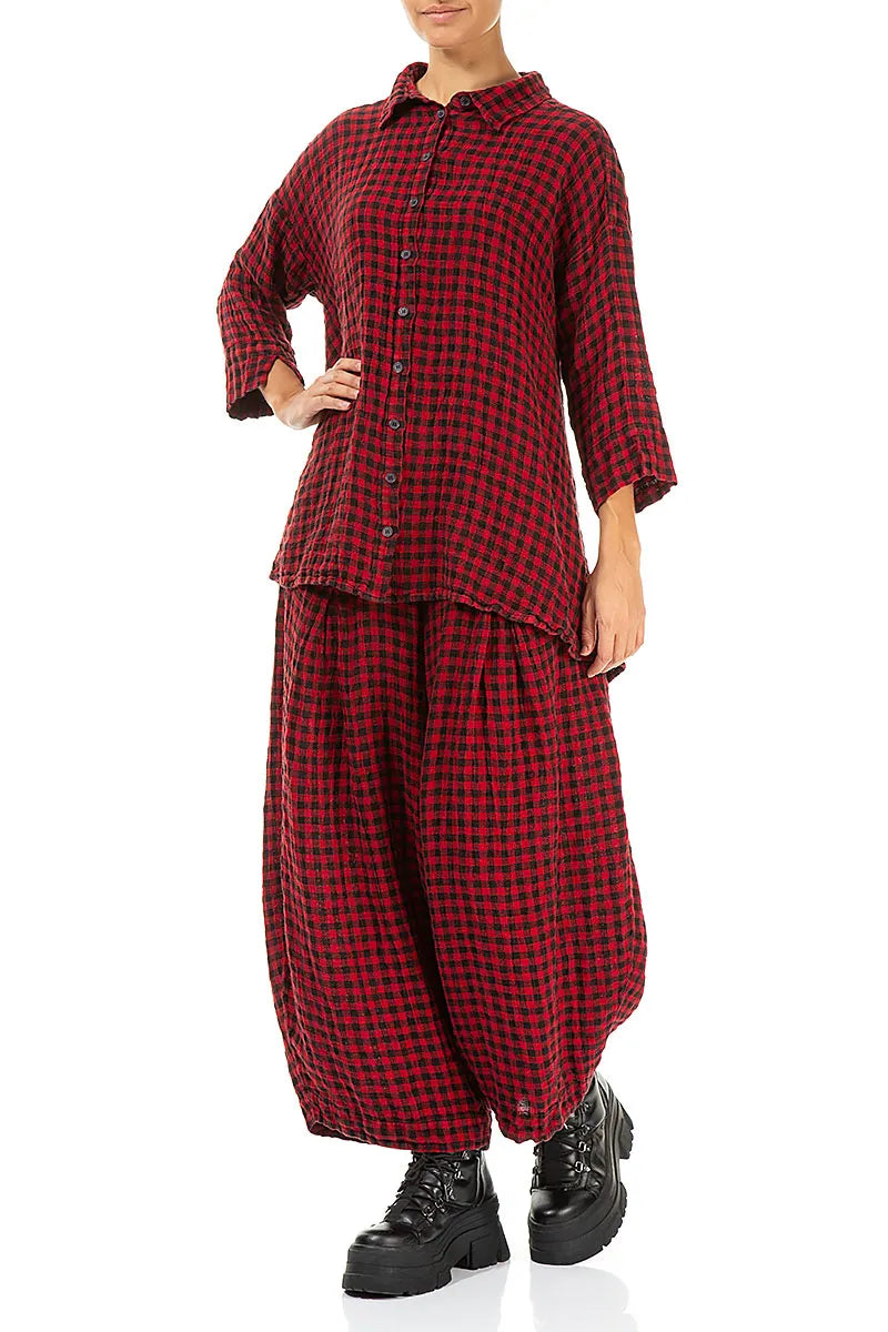 Loose Red Check Linen Trousers