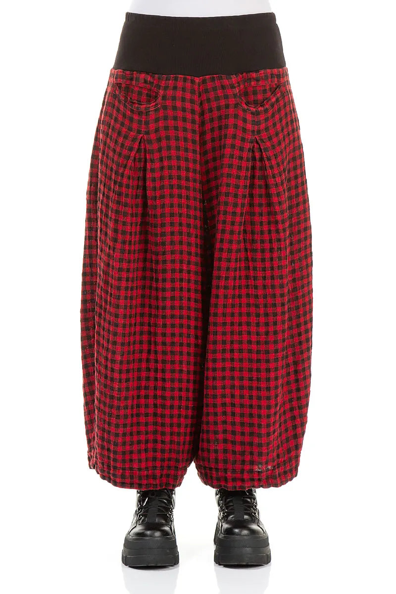Loose Red Check Linen Trousers