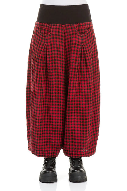 Loose Red Check Linen Trousers