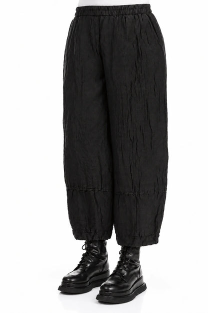 Loose Crinkled Black Silk Linen Trousers 3