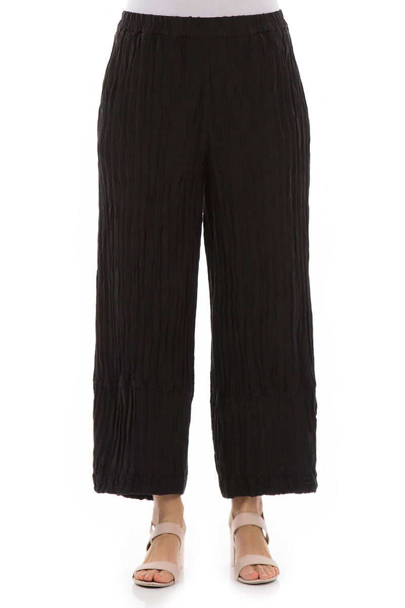 Loose Crinkled Black Silk Linen Trousers