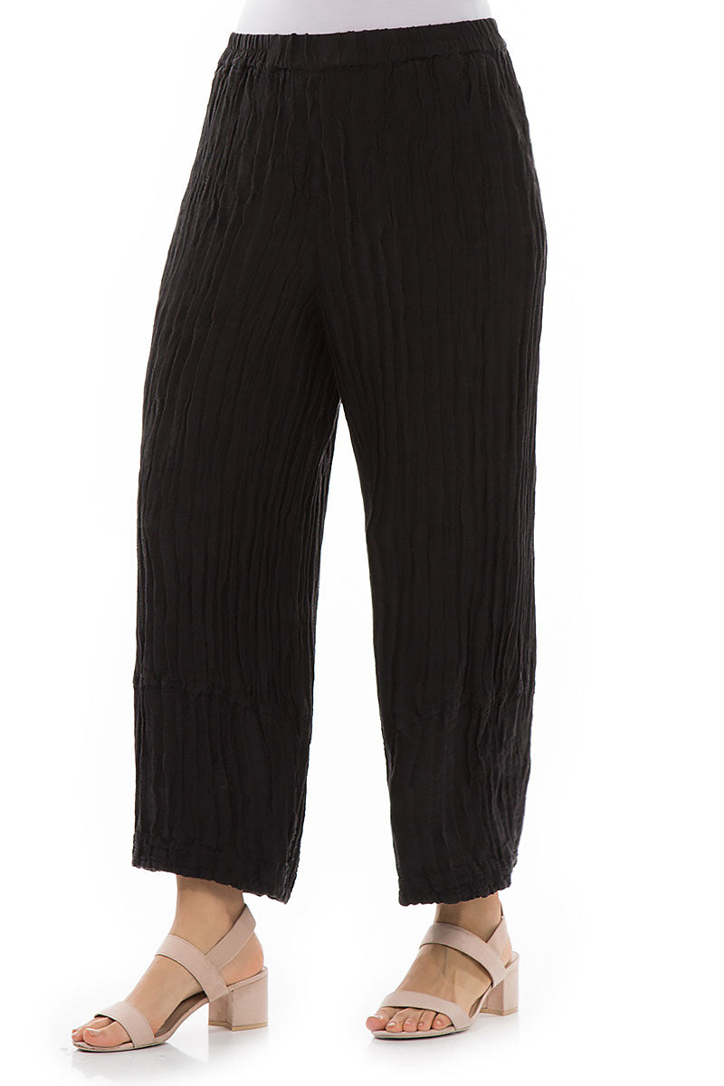 Loose Crinkled Black Silk Linen Trousers