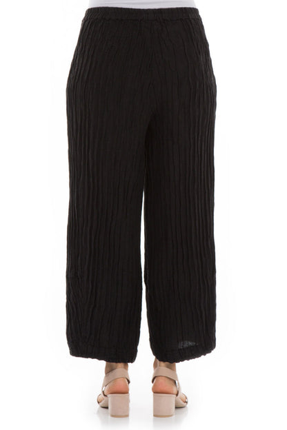 Loose Crinkled Black Silk Linen Trousers