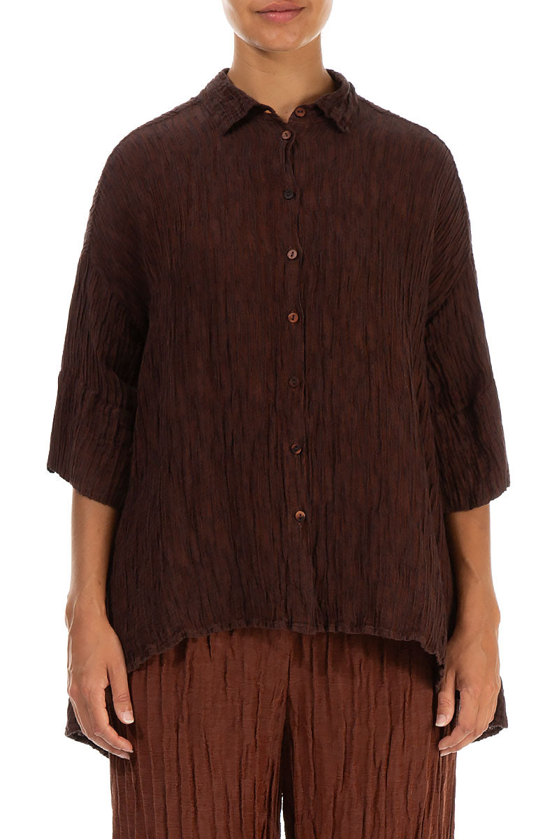 Loose Crinkled Dark Brick Silk Shirt