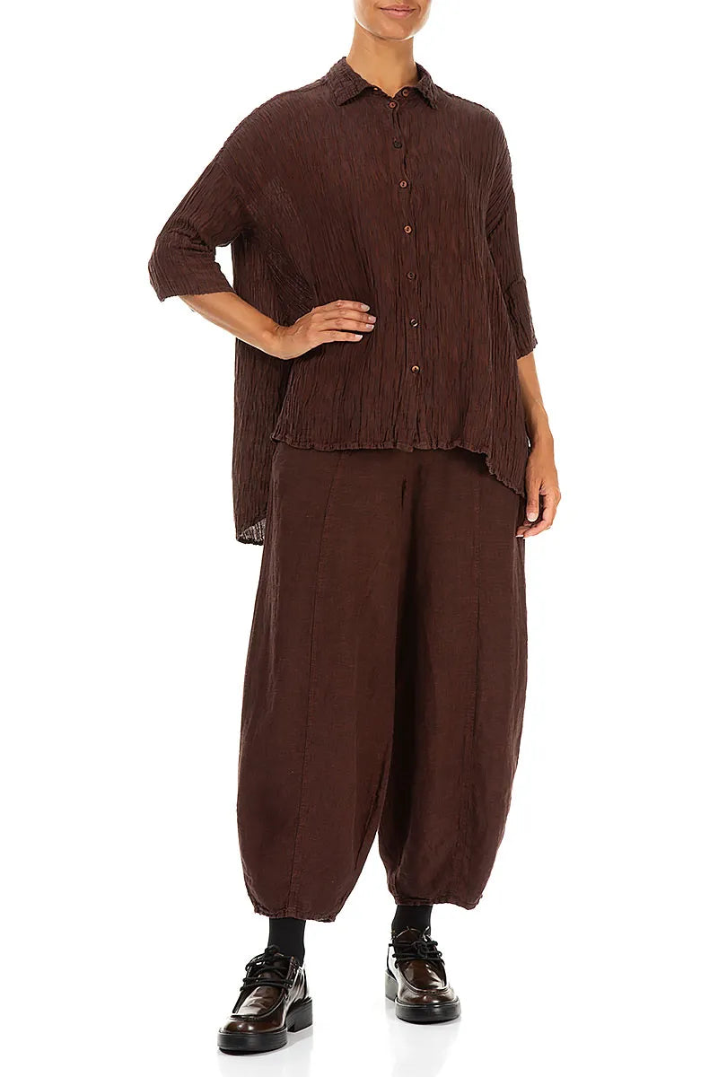 Loose Crinkled Dark Brick Silk Shirt