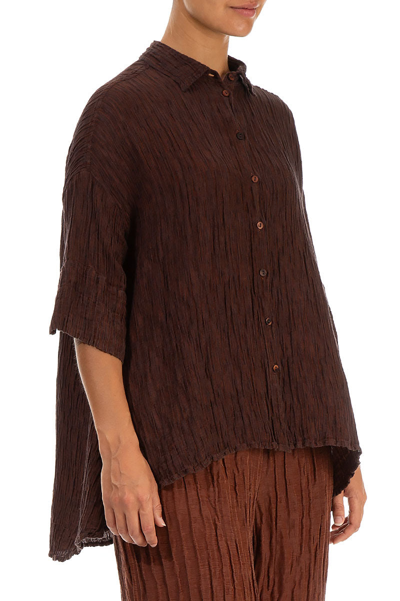 Loose Crinkled Dark Brick Silk Shirt