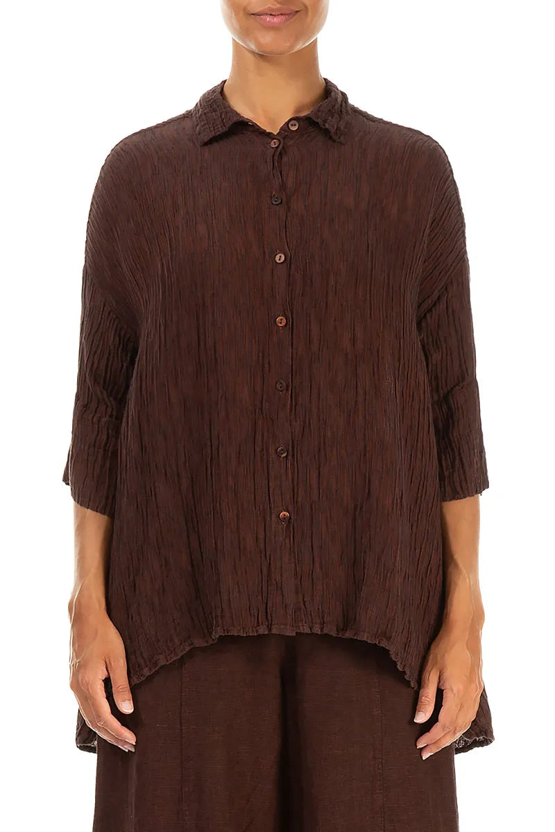 Loose Crinkled Dark Brick Silk Shirt
