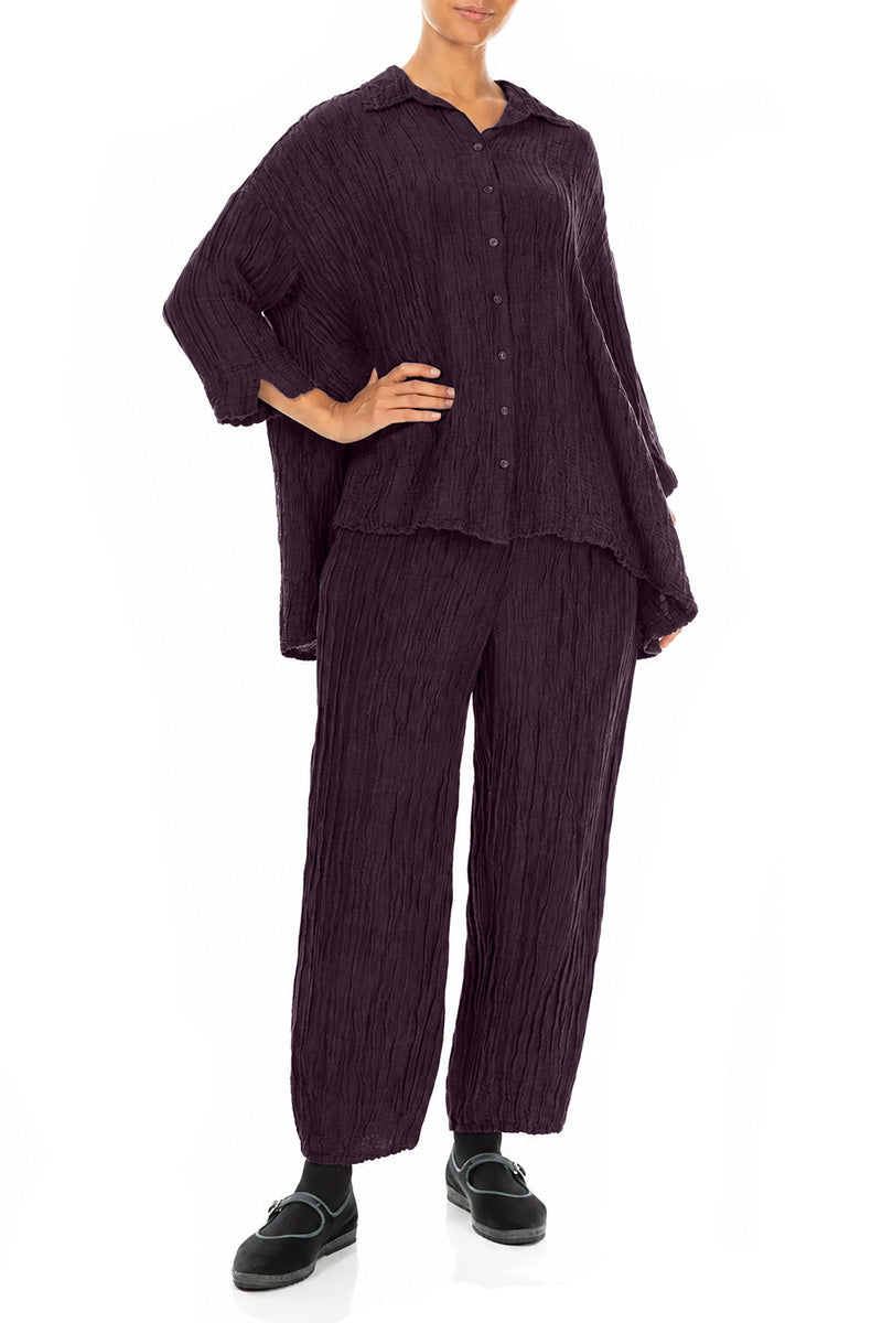 Loose Crinkled Deep Plum Silk Linen Shirt 4