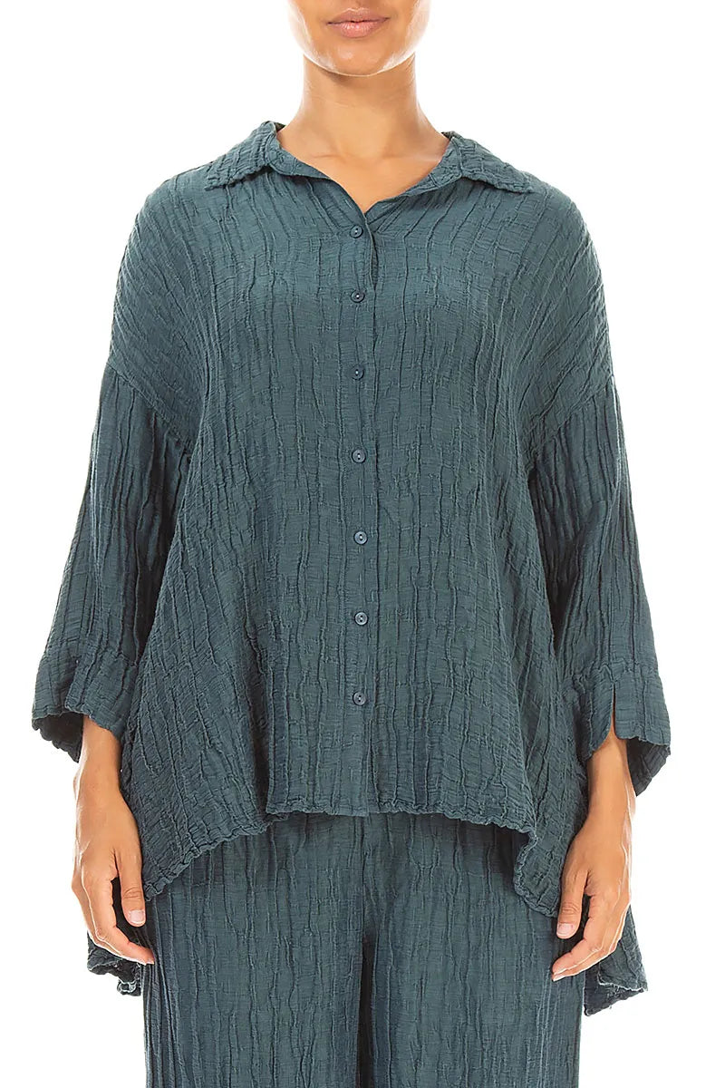 Loose Crinkled Deep Turquoise Silk Linen Shirt