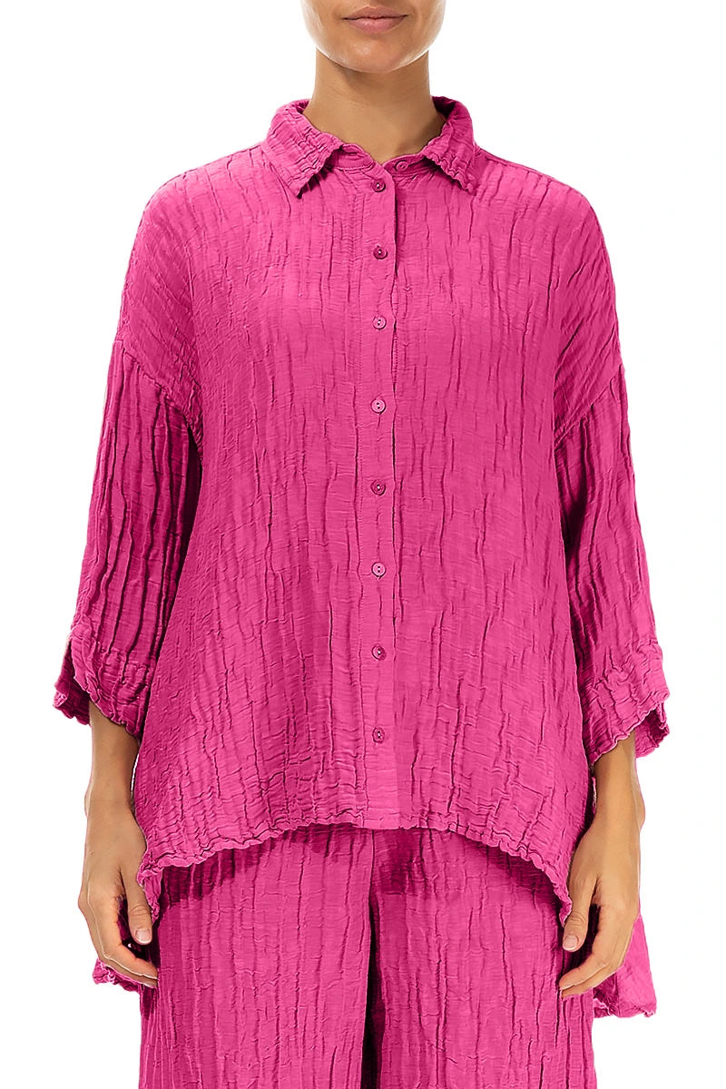 Loose Crinkled Fuchsia Silk Linen Shirt