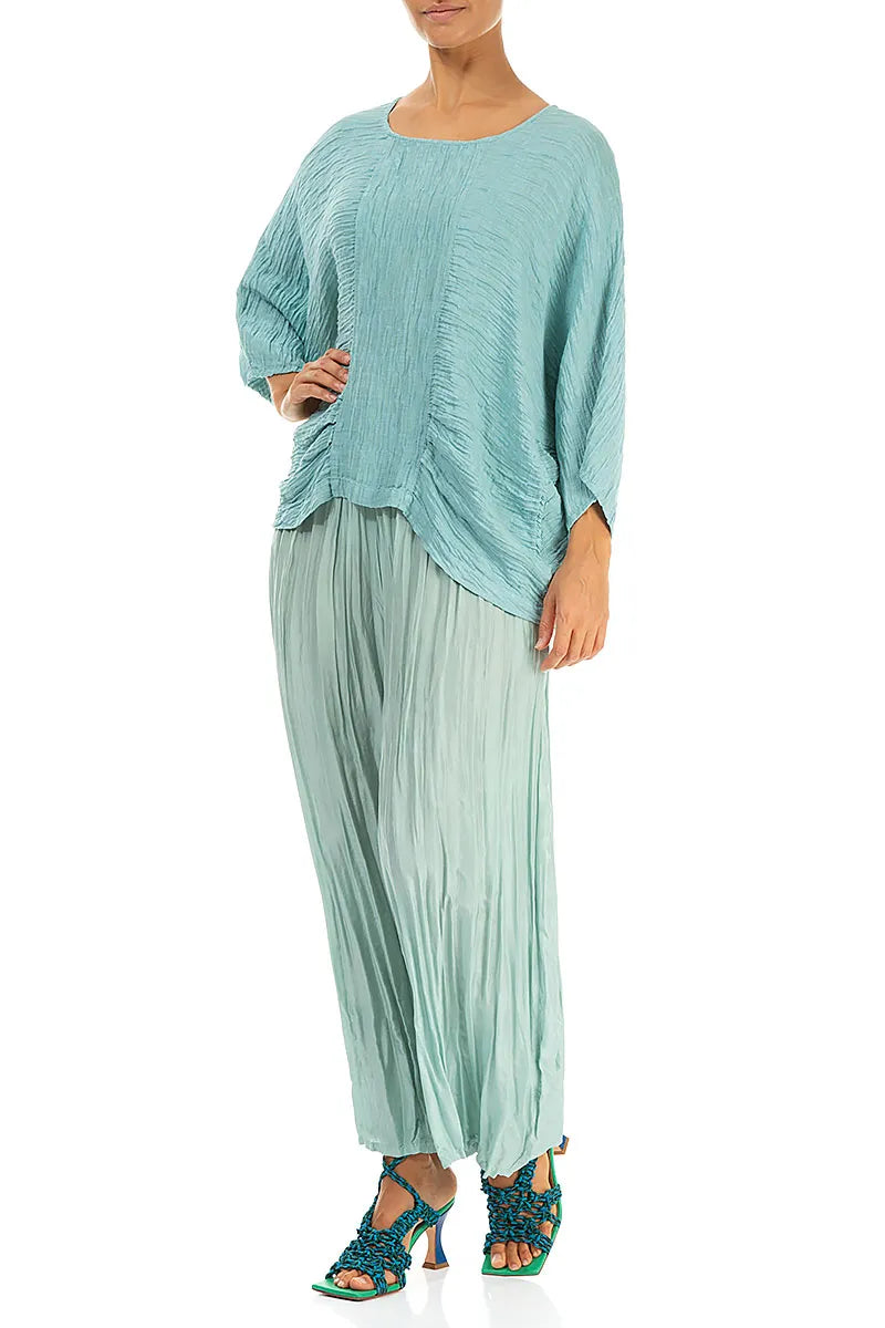 Loose Crinkled Mint Silk Blouse 4