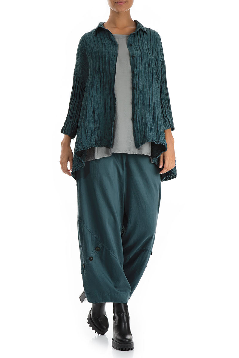 Loose Crinkled Peacock Silk Linen Shirt 5