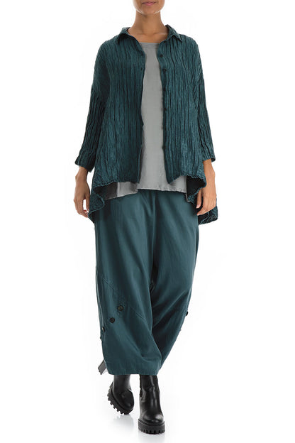 Loose Crinkled Peacock Silk Linen Shirt 5