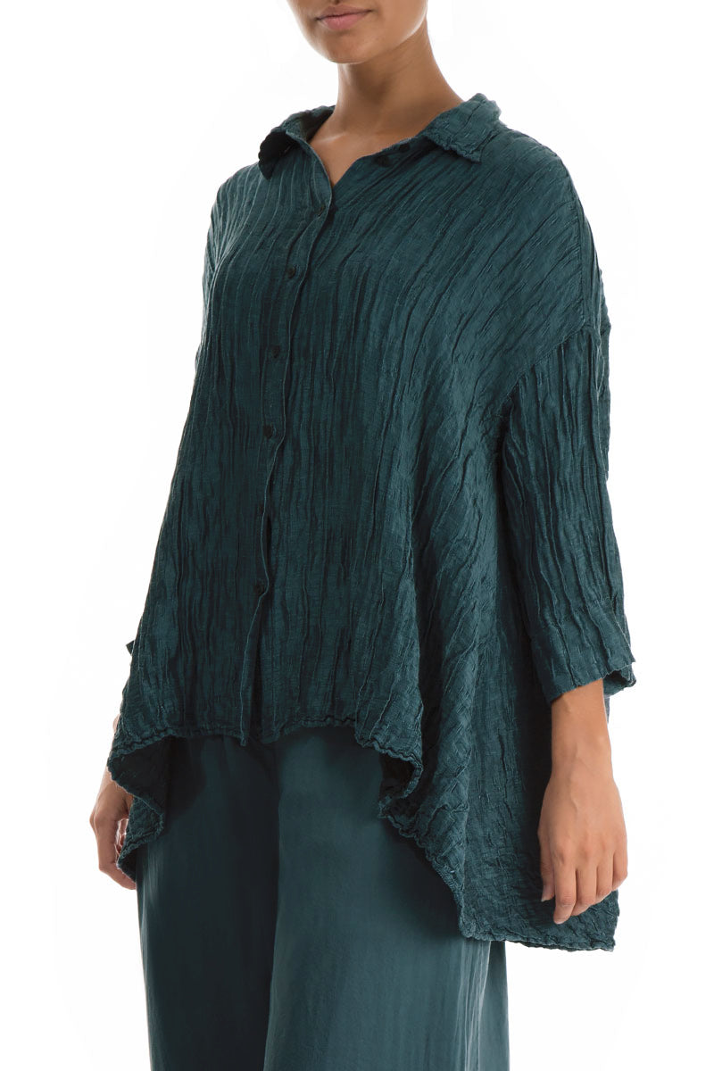 Loose Crinkled Peacock Silk Linen Shirt 3