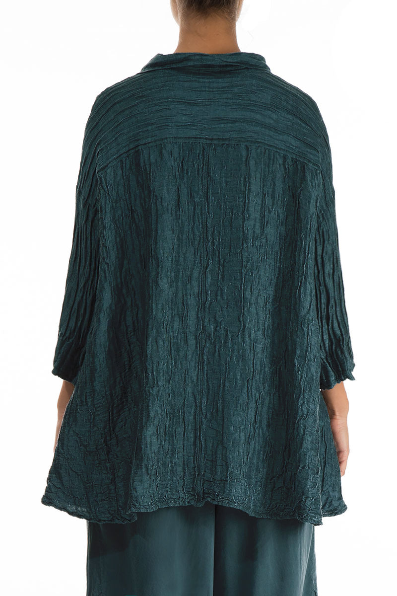 Loose Crinkled Peacock Silk Linen Shirt 2