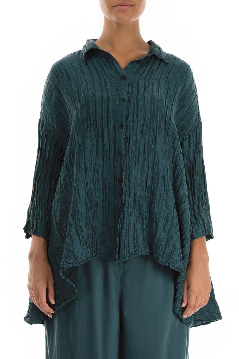 Loose Crinkled Peacock Silk Linen Shirt 1