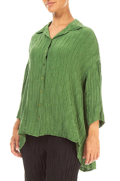 Loose Crinkled Shamrock Green Silk Linen Shirt