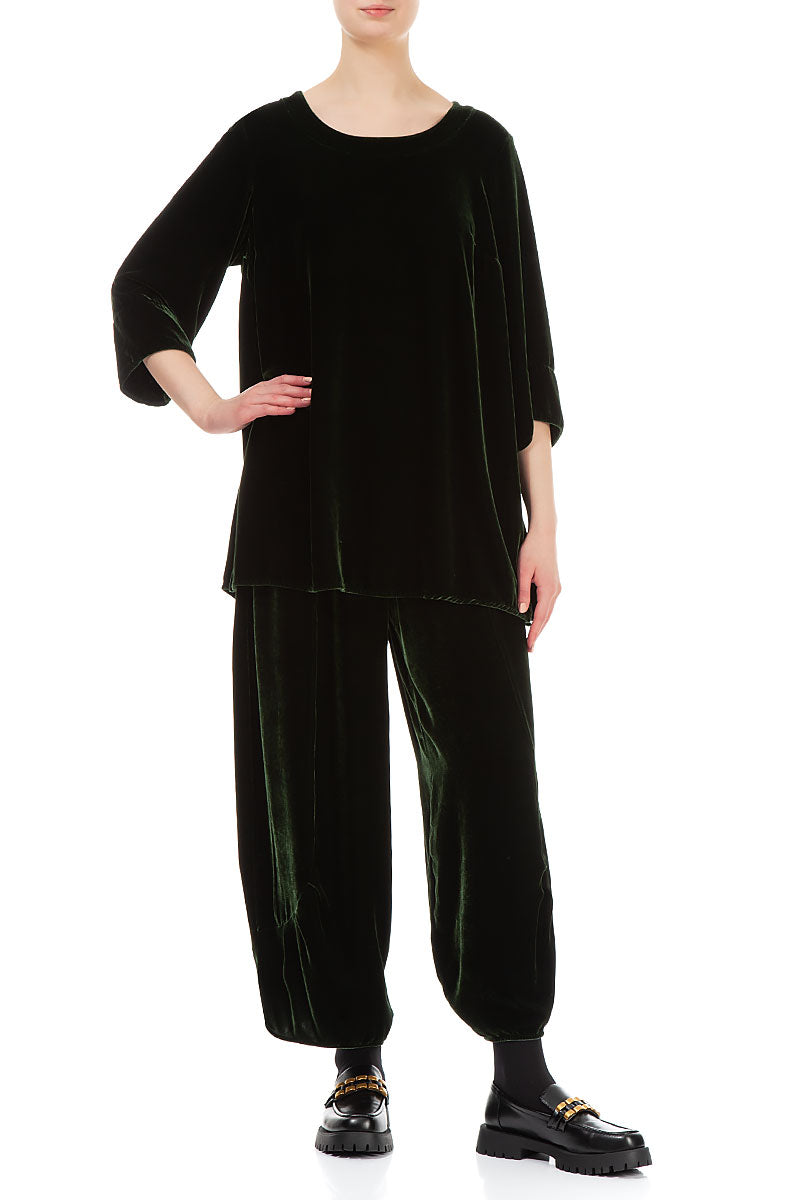 Loose Dark Sage Silk Velvet Trousers