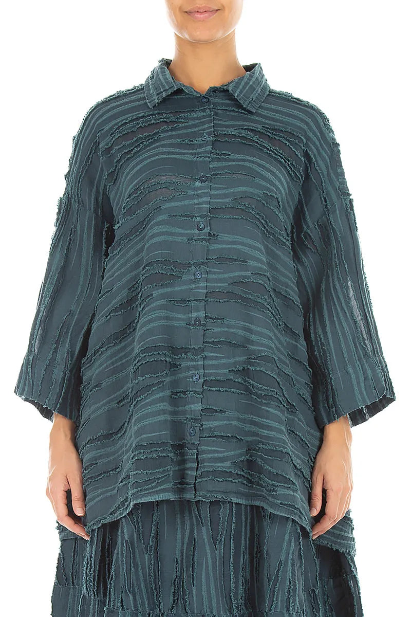 Loose Deep Turquoise Fray Weave Shirt 1