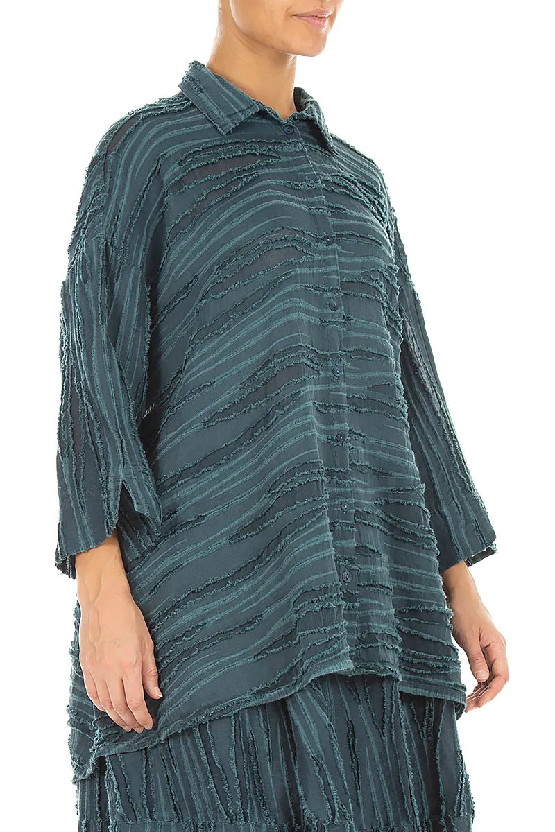 Loose Deep Turquoise Fray Weave Shirt 3
