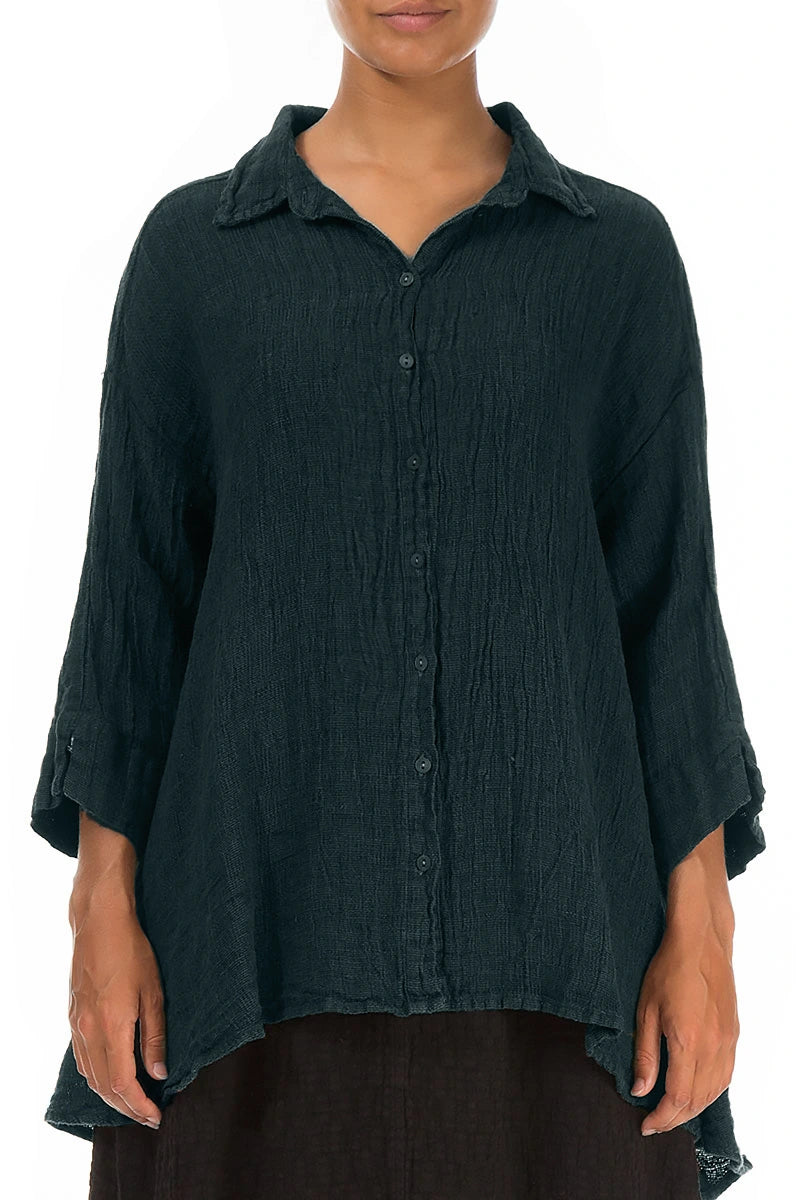 Loose Deep Turquoise Mélange Linen Shirt