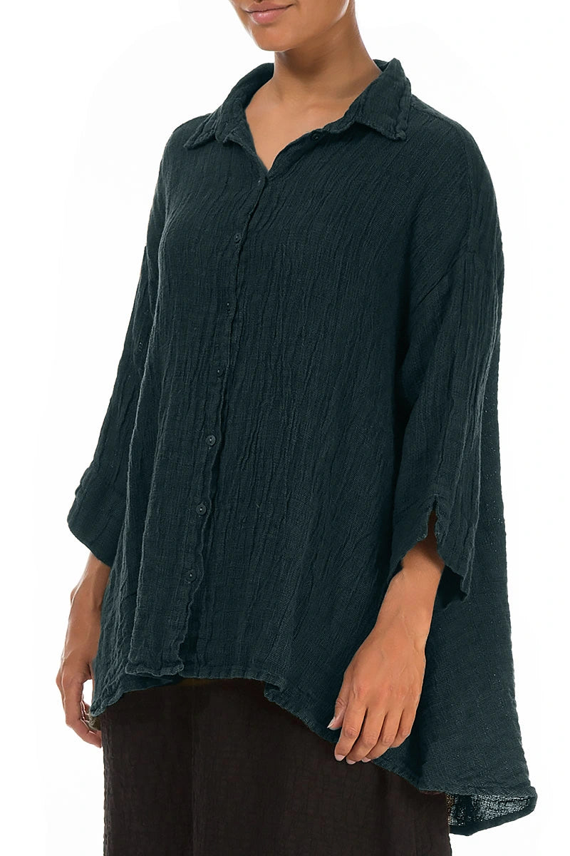 Loose Deep Turquoise Mélange Linen Shirt