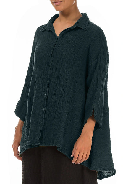 Loose Deep Turquoise Mélange Linen Shirt