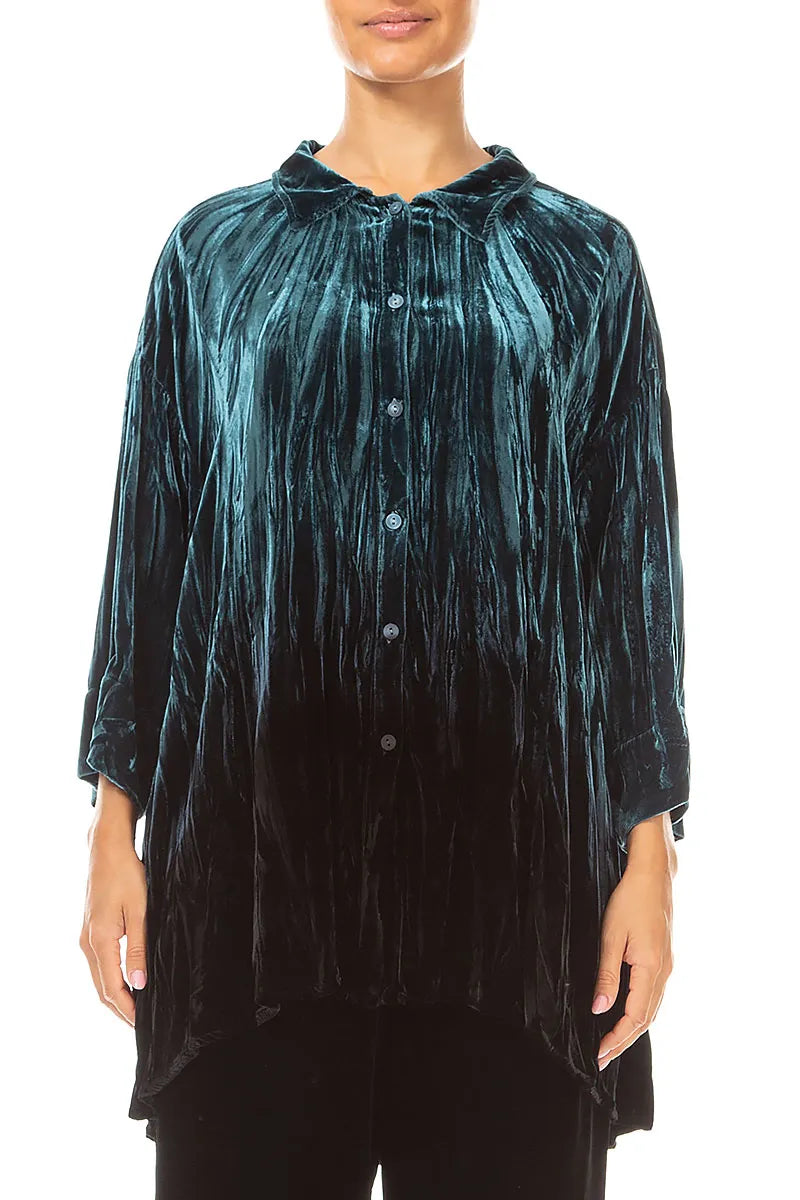 Loose Deep Turquoise Ombré Silk Velvet Shirt