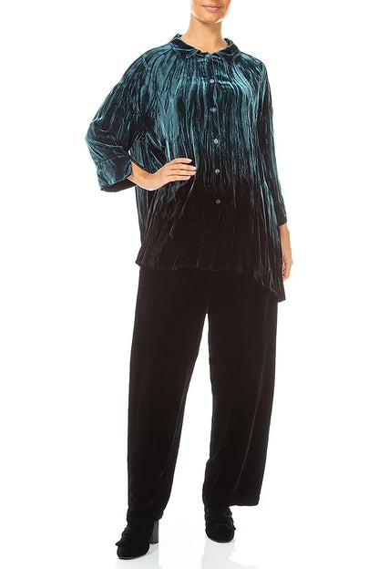 Loose Deep Turquoise Ombré Silk Velvet Shirt