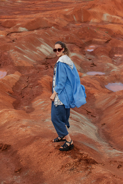 Loose Denim Blue Linen Dungaree Jumpsuit