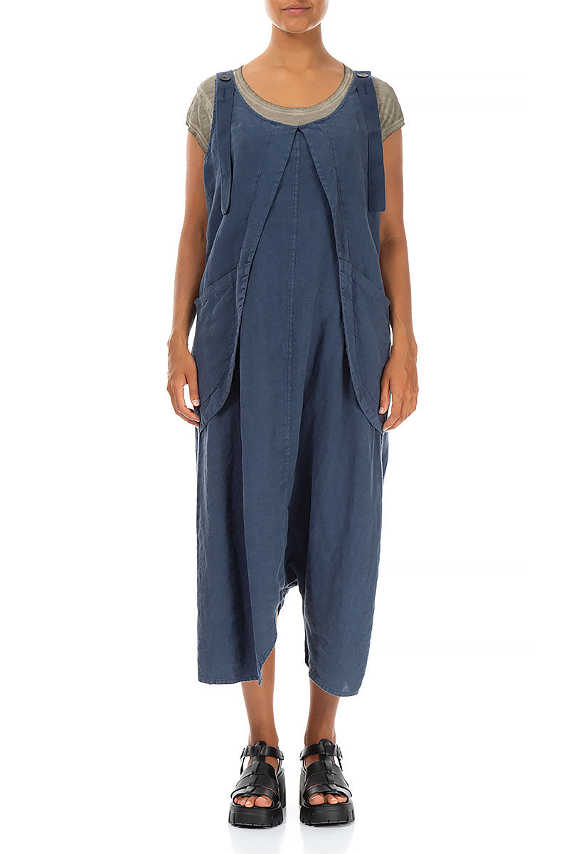 Loose Denim Blue Linen Dungaree Jumpsuit