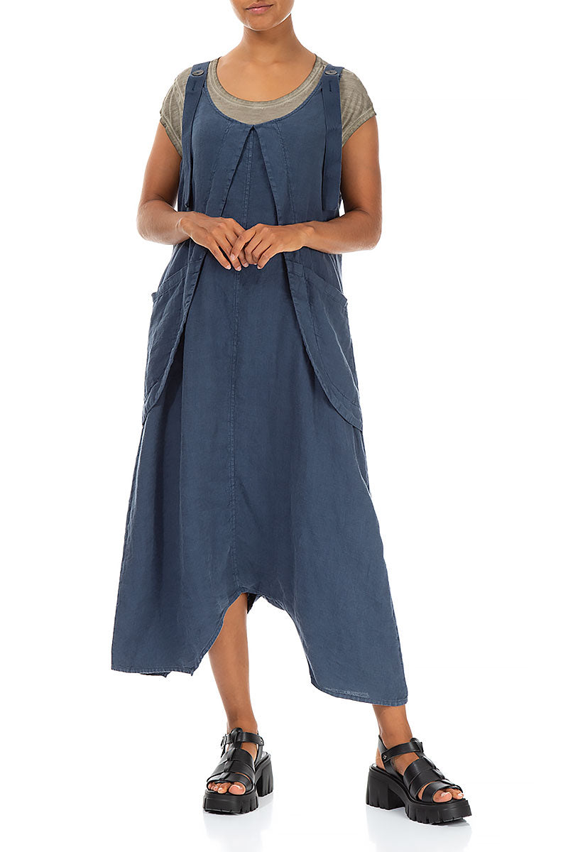 Loose Denim Blue Linen Dungaree Jumpsuit