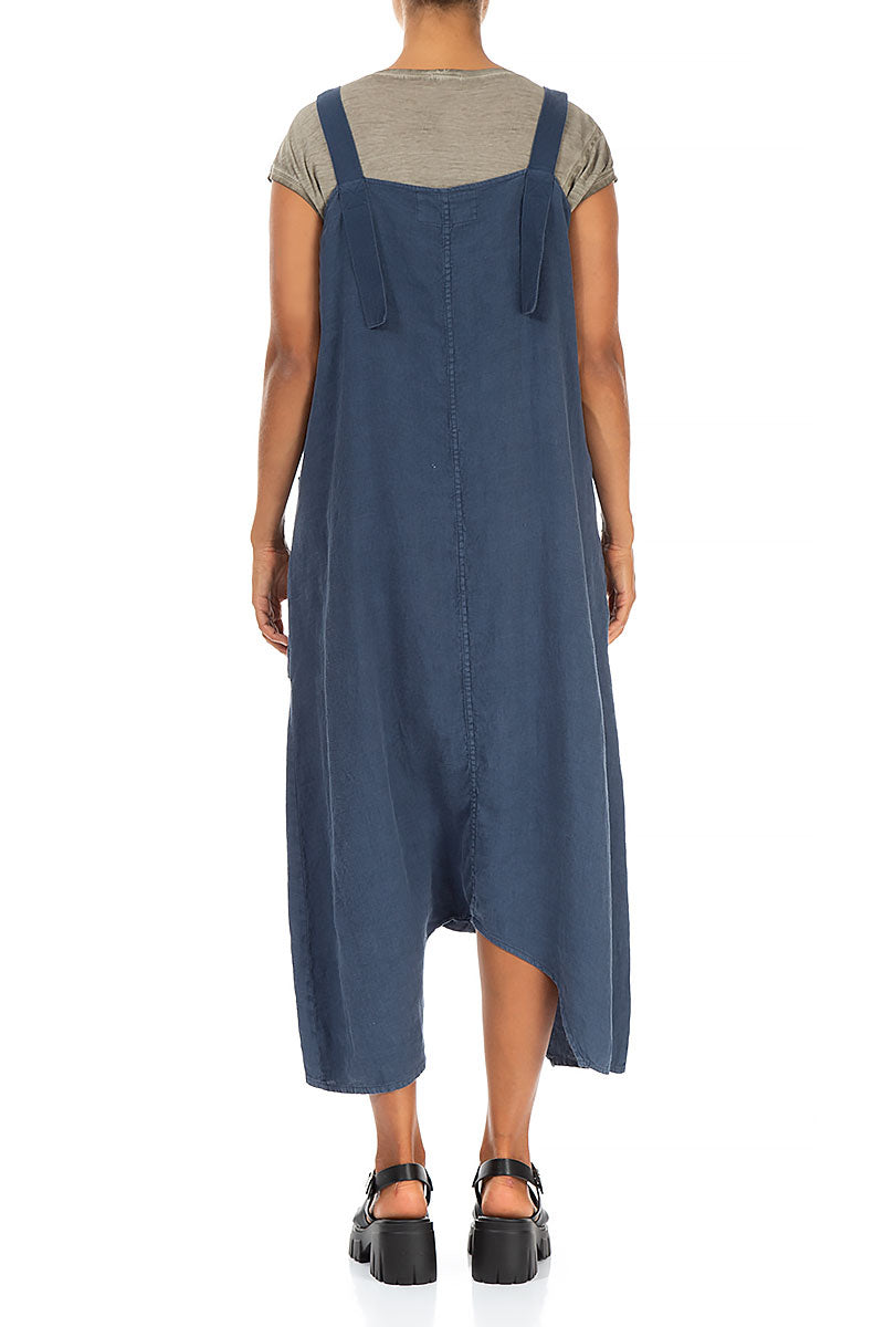 Loose Denim Blue Linen Dungaree Jumpsuit