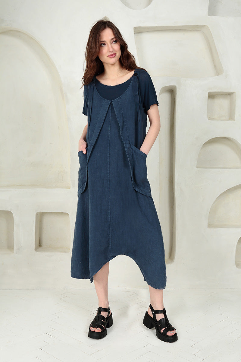 Loose Denim Blue Linen Dungaree Jumpsuit