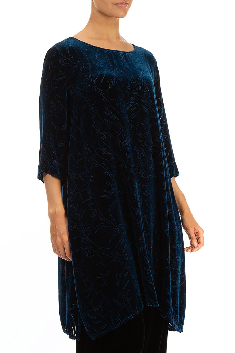 Loose Devoré Feather Azure Silk Velvet Tunic