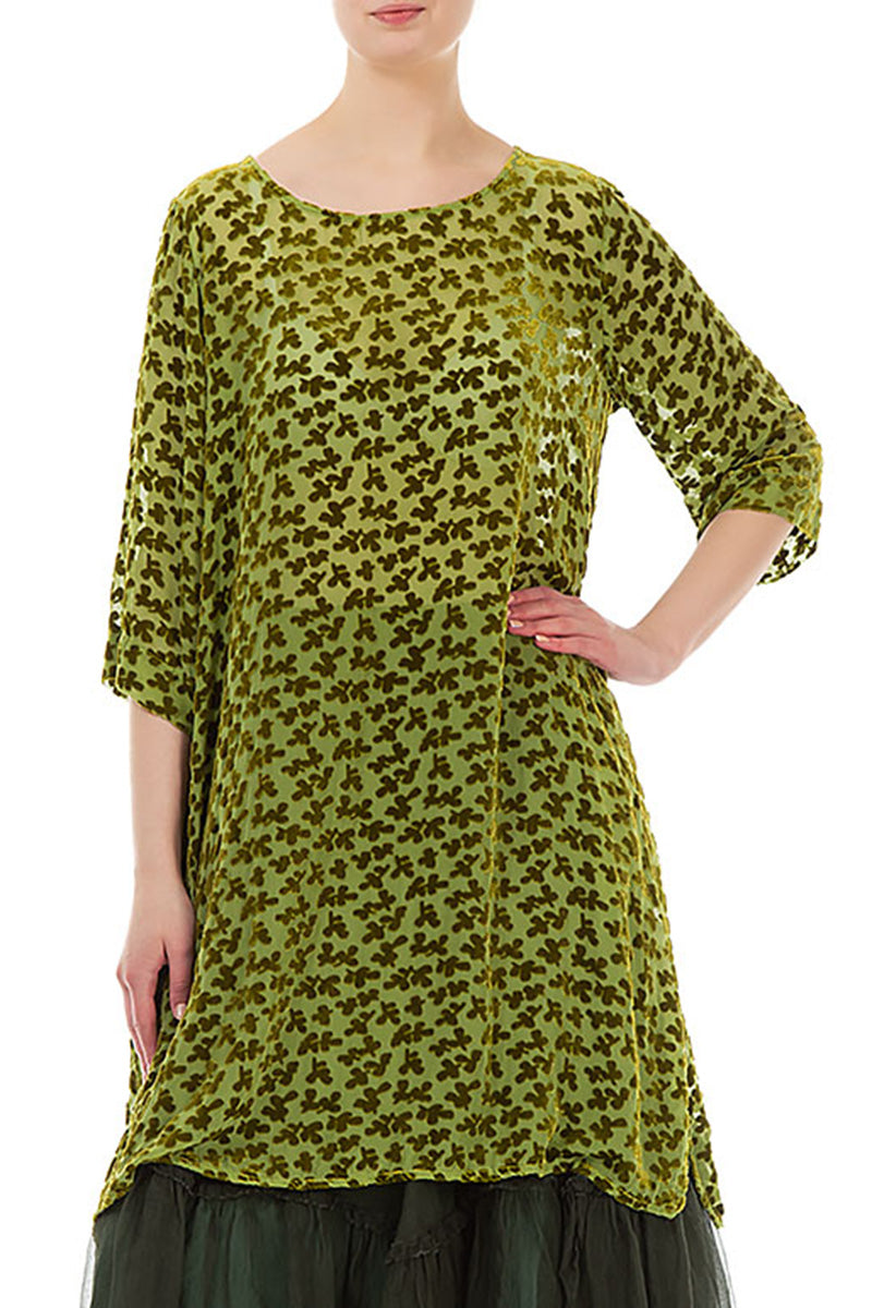 Loose Devoré Petals Golden Lime Silk Velvet Tunic