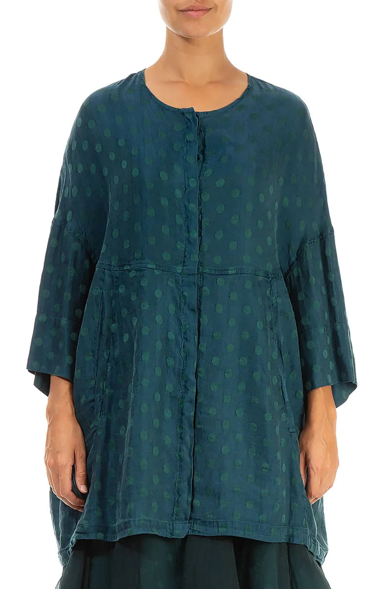 Loose Dotty Teal Silk Linen Jacket 1