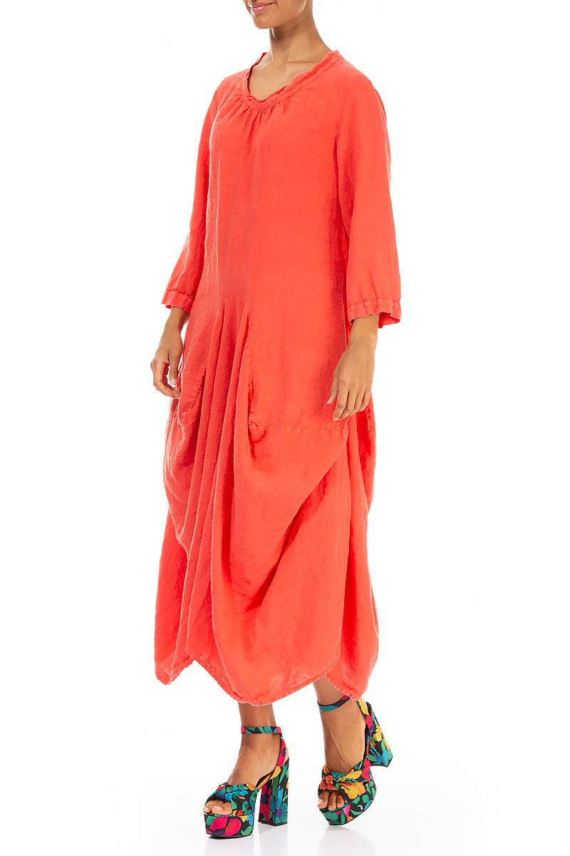 Draped Coral Linen Dress 3
