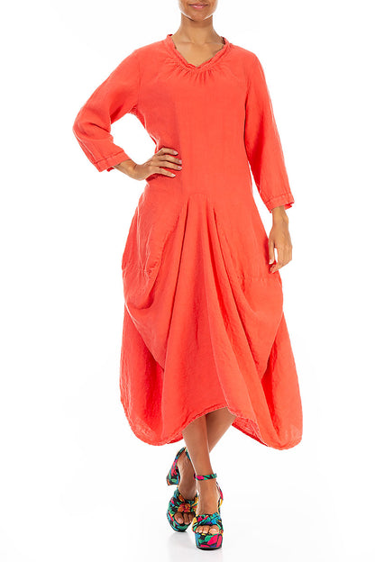 Draped Coral Linen Dress 4