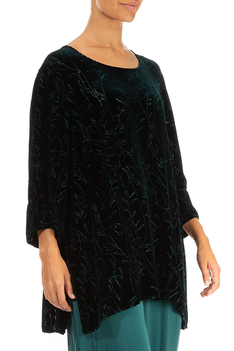 Loose Emerald Devoré Feather Silk Velvet Tunic