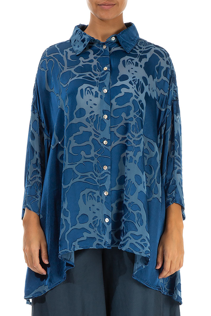 Loose Floral Azure Silk Shirt